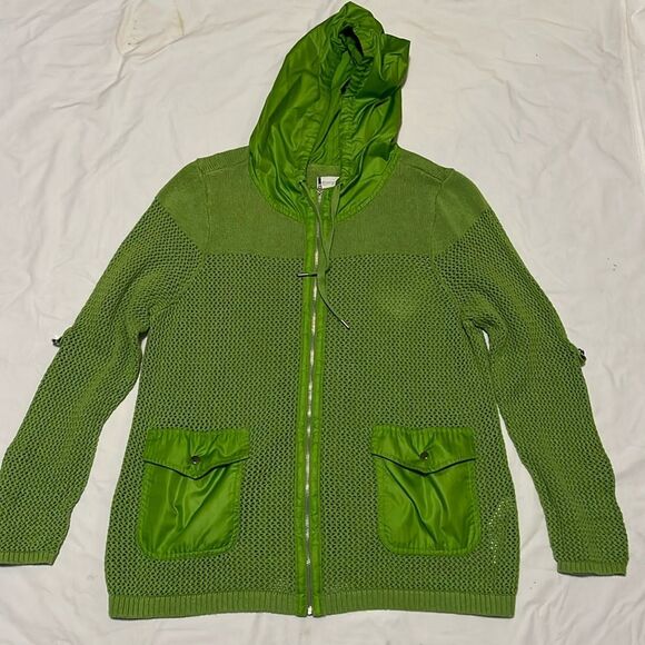 Vintage Neon Green Zenergy by Chico's Linen/Cotton Crocheted Hooded Jacket - Picture 1 of 10